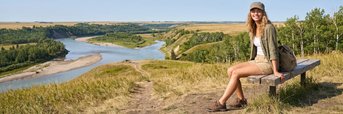 Generated picture: the guide's character, a young woman in a khaki cap, white tank top, olive overshirt and short khaki shorts, sits on a wooden bench at a lookout above a wide prairie river valley with poplar groves and sandbars.